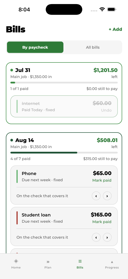 Money Hack Budget's bills, grouped by paycheck: Aug 14, 4 of 7 paid, $315 still to pay.