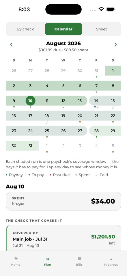 Money Hack Budget's calendar: every payday in August and the bills each one covers.