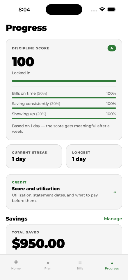 Money Hack Budget's progress screen: discipline score 100 and $950 saved.